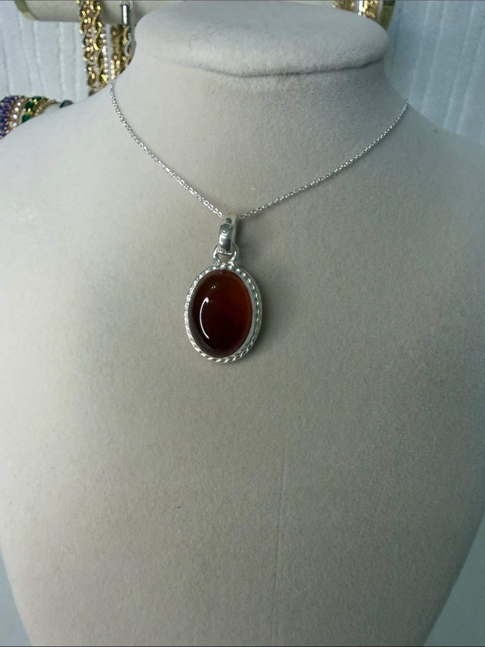 Sterling Silver Oval Carnelian Pendant Necklace - Rich Brown-Red Stone
